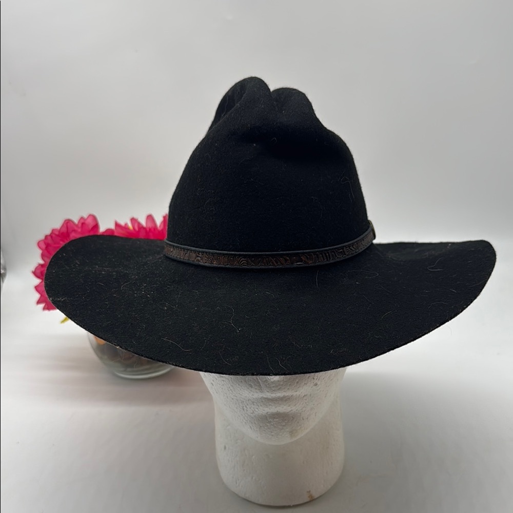 Elegant Black Wide-Brim Wool Hat with Brown Leather Accent Size M HT8974